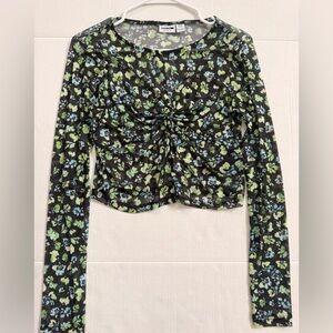 Noisy may Floral Long Sleeve Twist Sheer Blouse - Black and Green